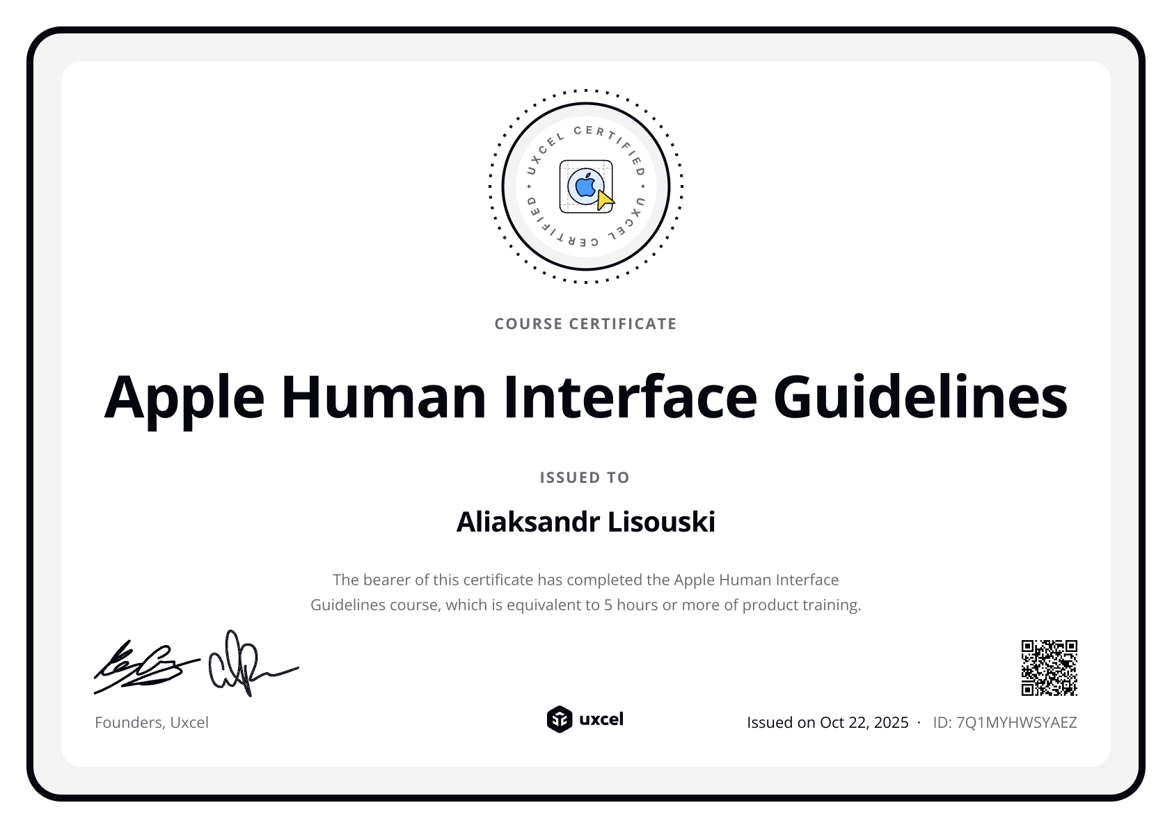 Aliaksandr Lisouski's certificate